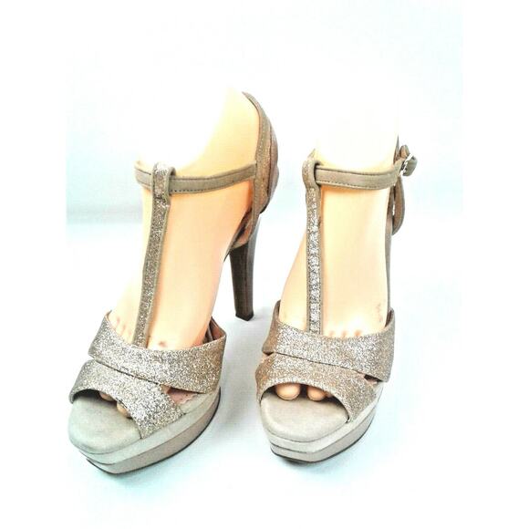 Jessica Simpson Womens Gold Glitter Platform 5.5" T-Strap Heels/Sandals Sz 9.5 - Picture 2 of 11